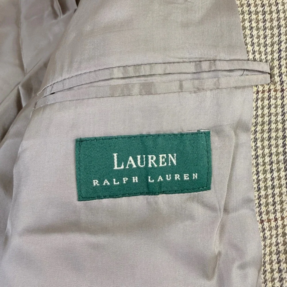 Lauren Ralph Lauren Blazer Mens 46R Tan Brown Silk Wool Houndstooth Sport Coat